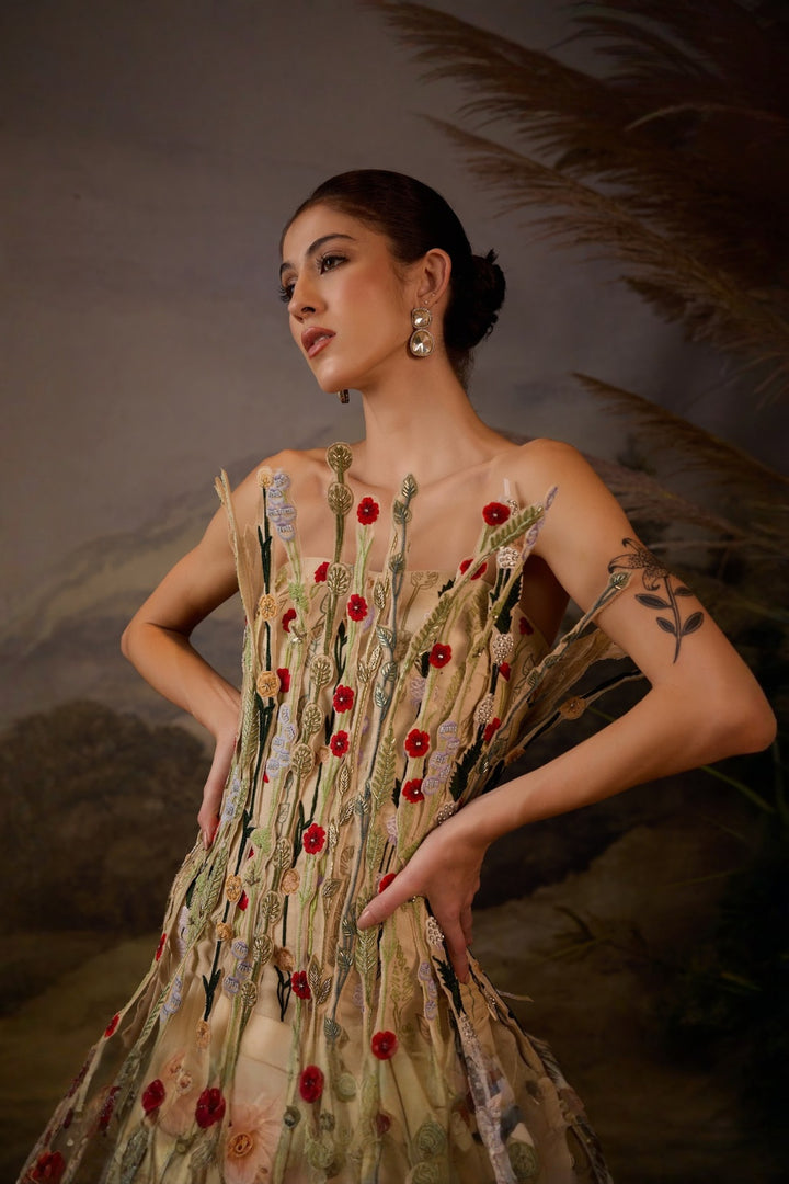 Ivory Bloomscape wired Corset &amp; drape Skirt