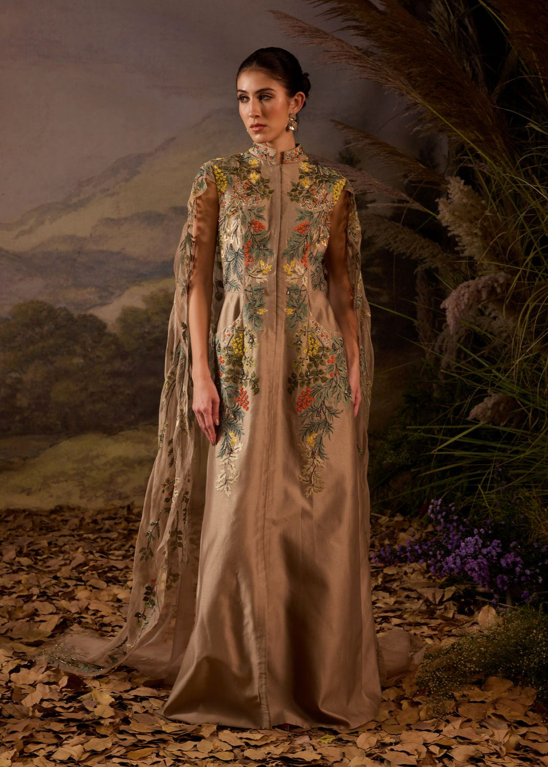 Elegant Embroidered Cape Gown