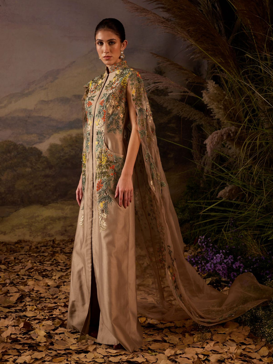 Elegant Embroidered Cape Gown