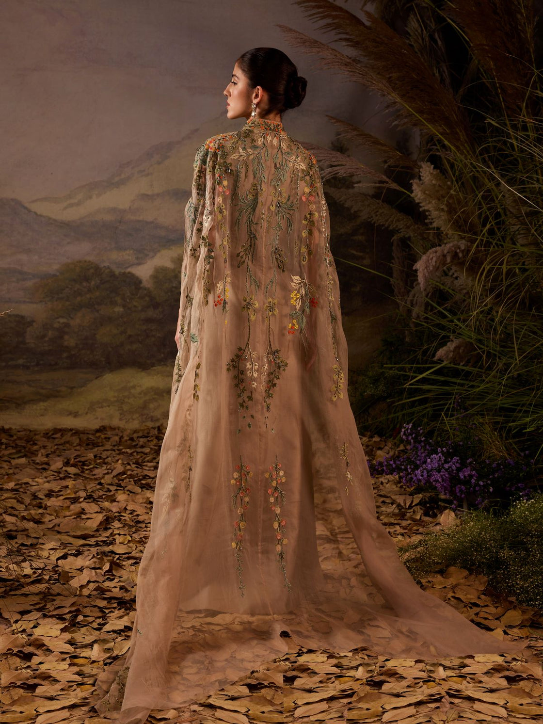 Elegant Embroidered Cape Gown