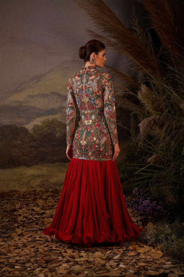 Floral Embroidered short Dress with highwaisted skirt