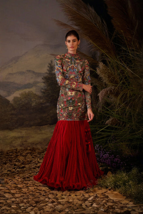 Floral Embroidered Mini Dress With Skirt