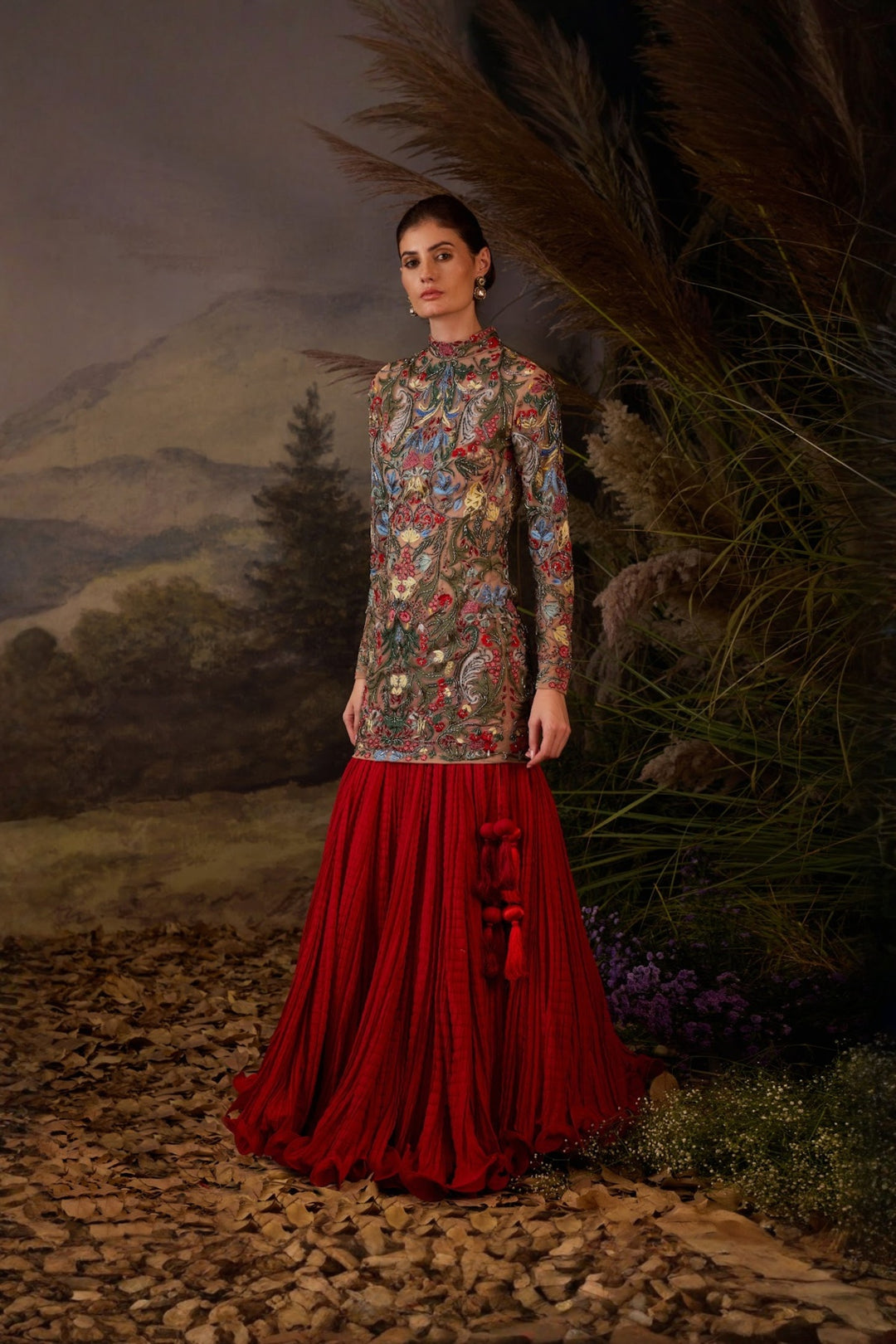 Floral Embroidered short Dress with highwaisted skirt