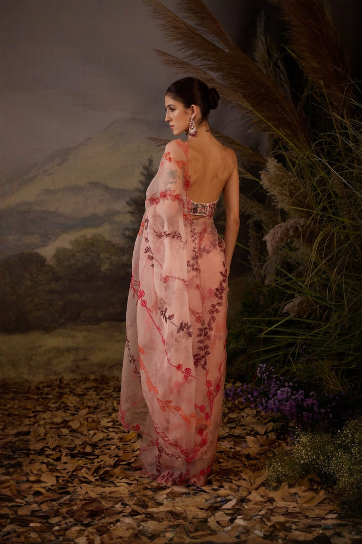 Ivory Pink Rosette Threadwork Embroidered Saree Set