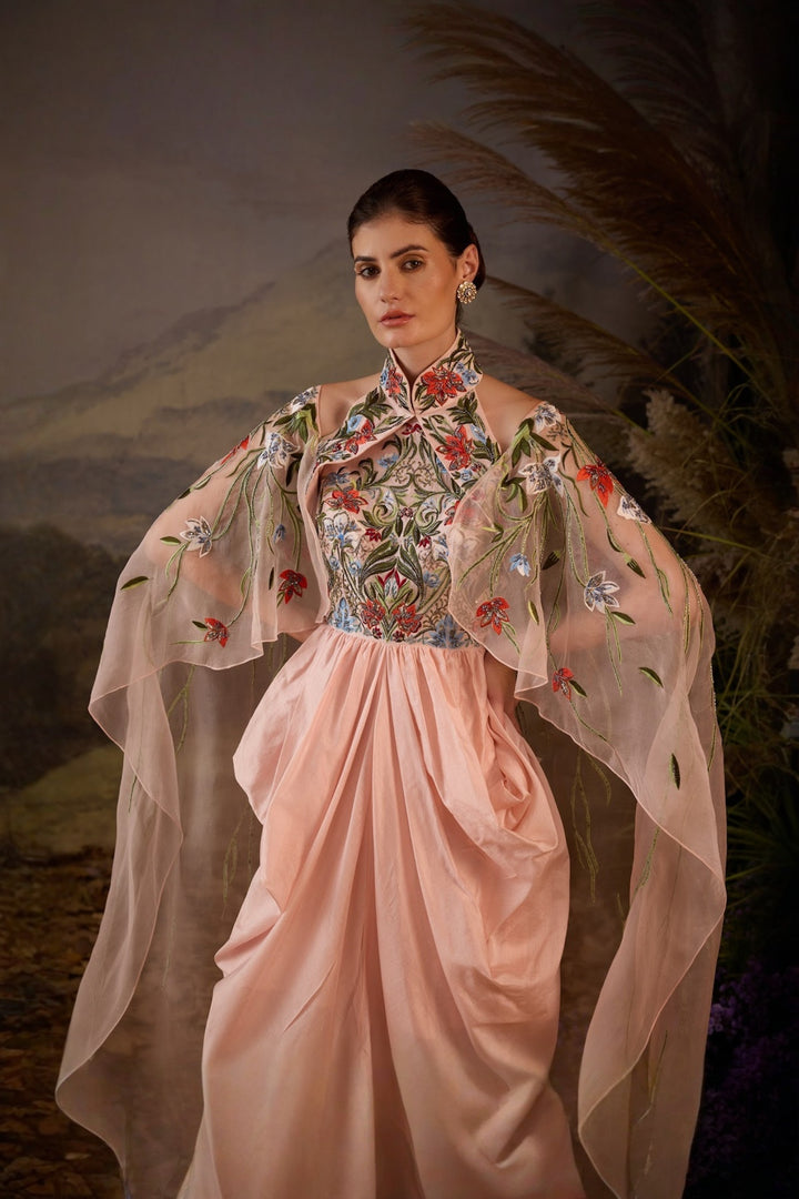 Blush Pink Petal Poetry Embroidered drape Dress with cape attached