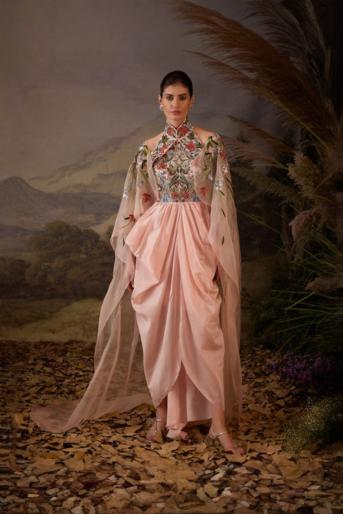 Blush Pink Petal Poetry Embroidered Drape Dress With Cape Attached