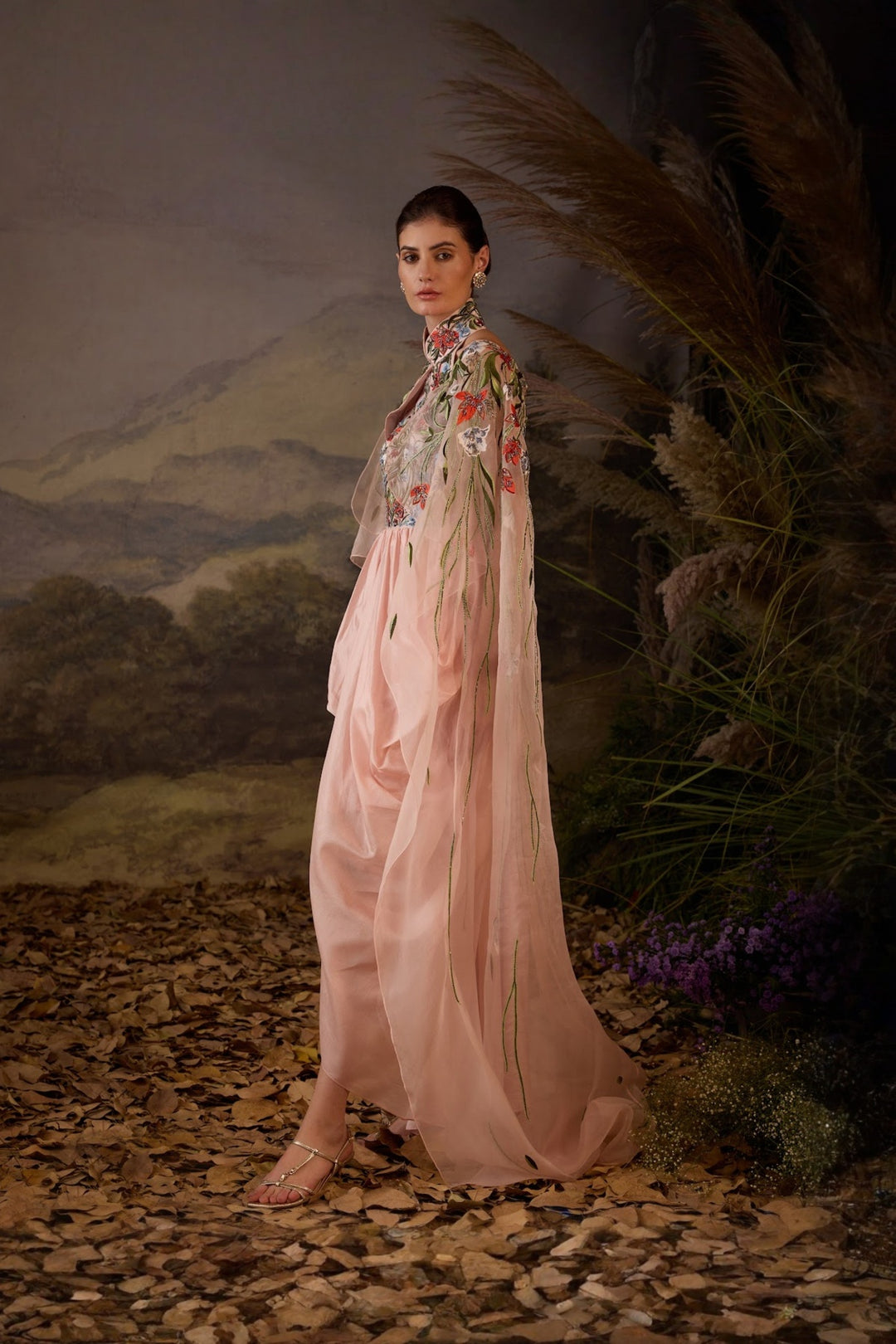 Blush Pink Petal Poetry Embroidered drape Dress with cape attached