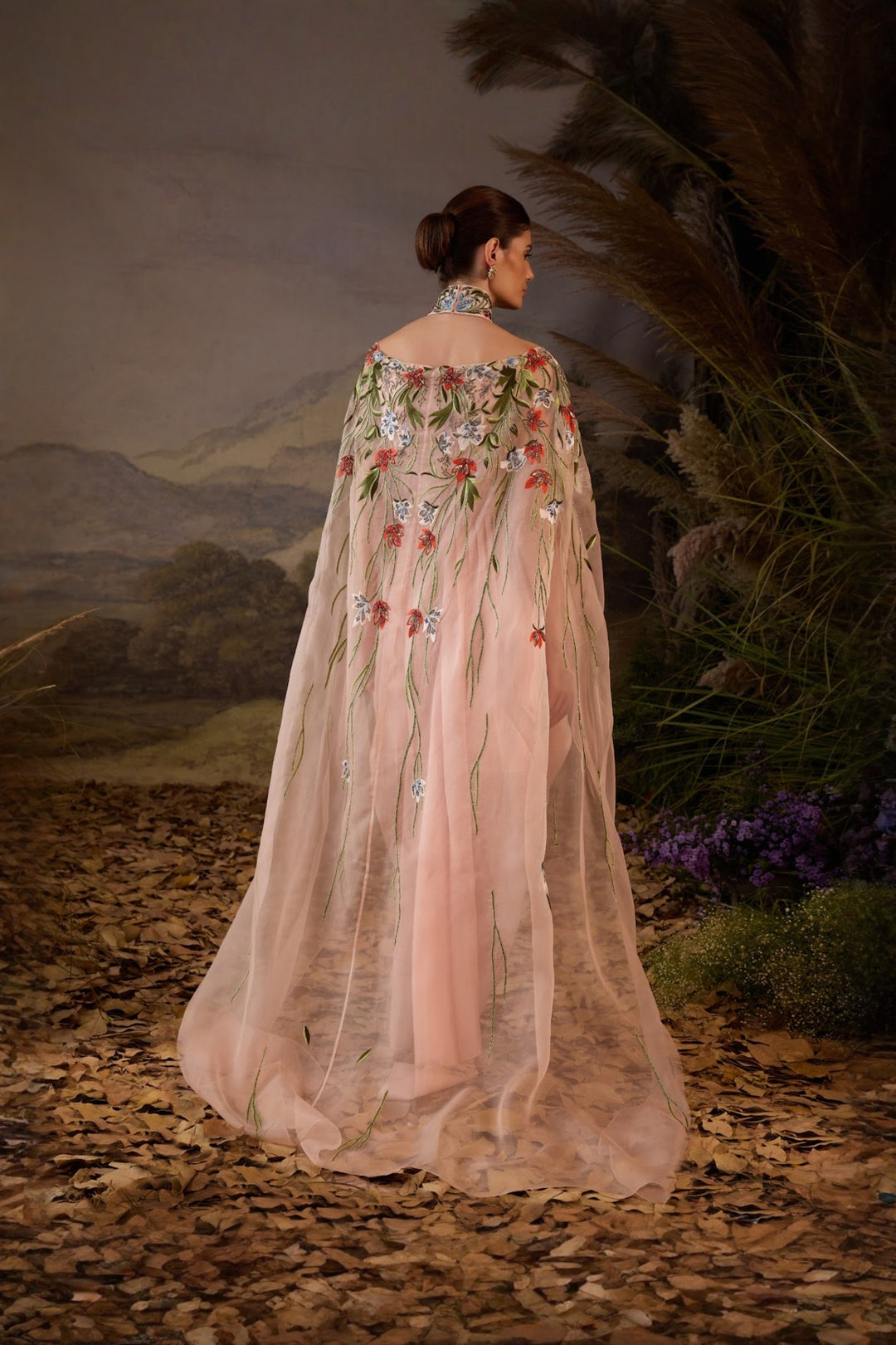 Blush Pink Petal Poetry Embroidered drape Dress with cape attached