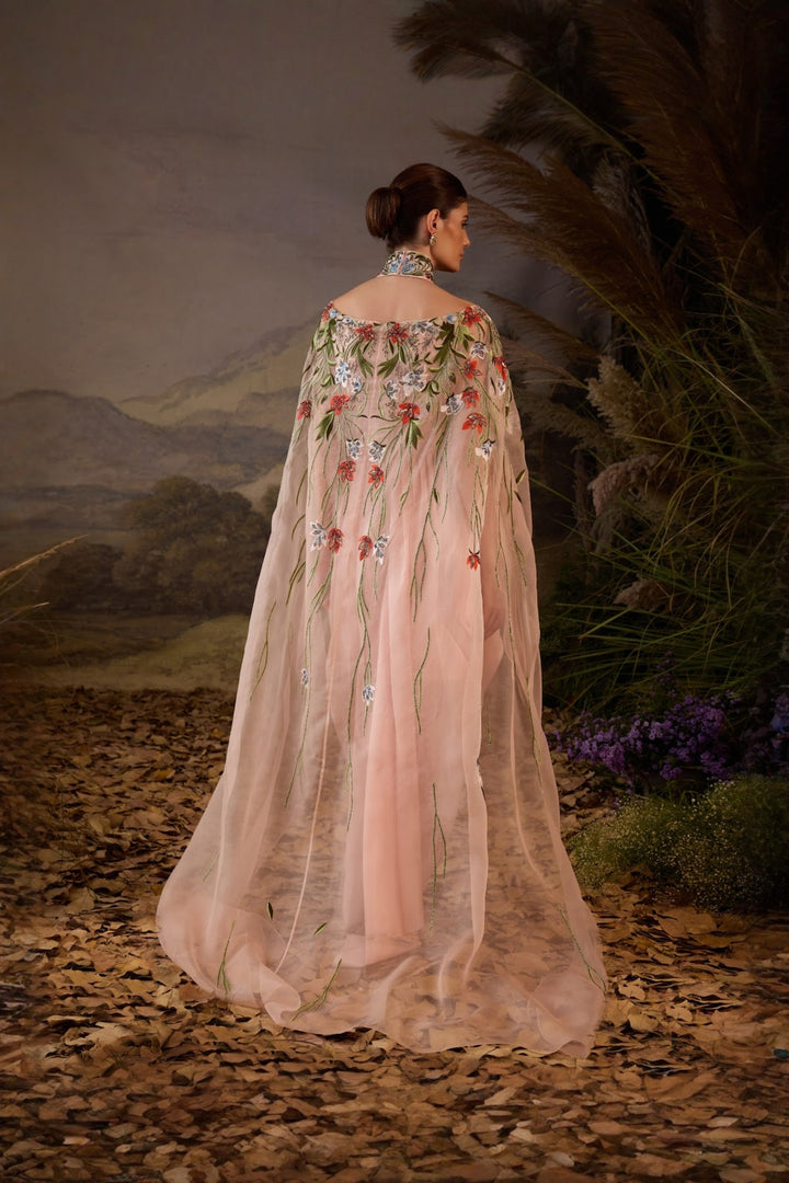 Blush Pink Petal Poetry Embroidered drape Dress with cape attached