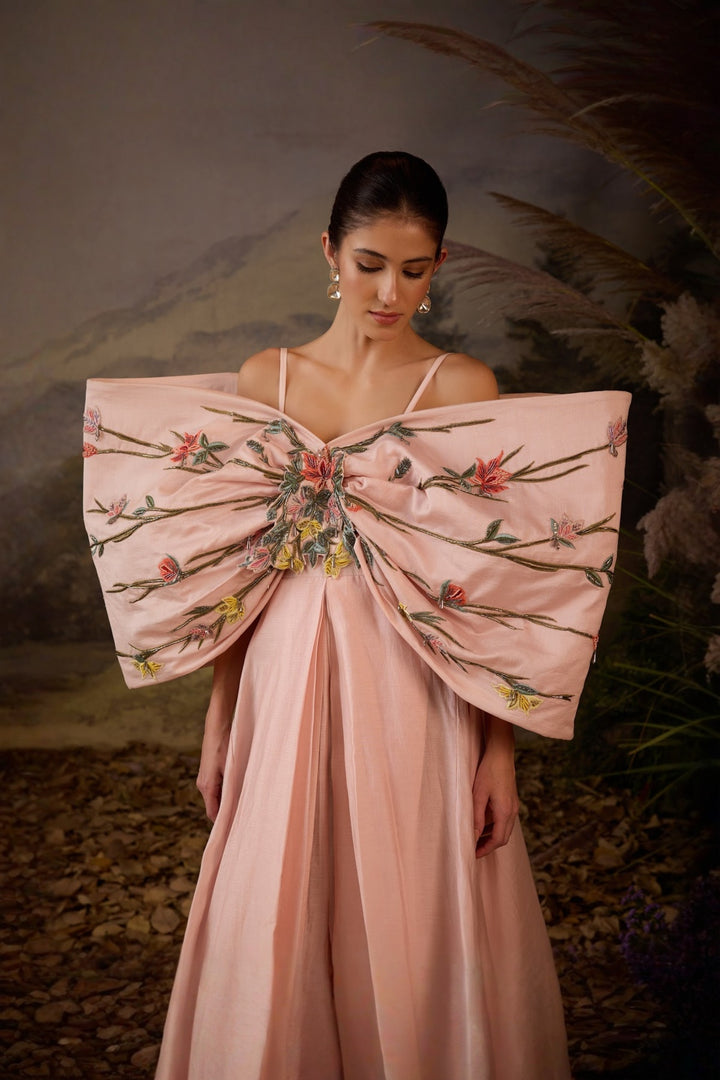 Blush Pink Petal Poetry Embroidered Big Bow Gown