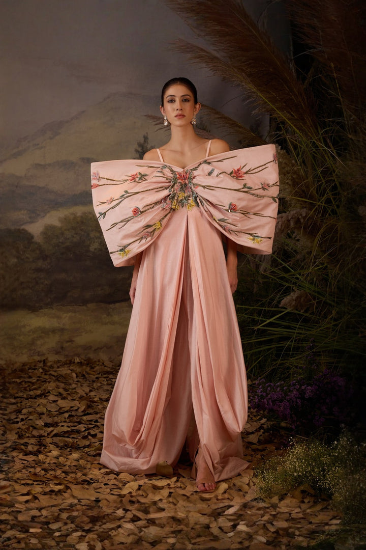 Blush Pink Petal Poetry Embroidered Big Bow Gown