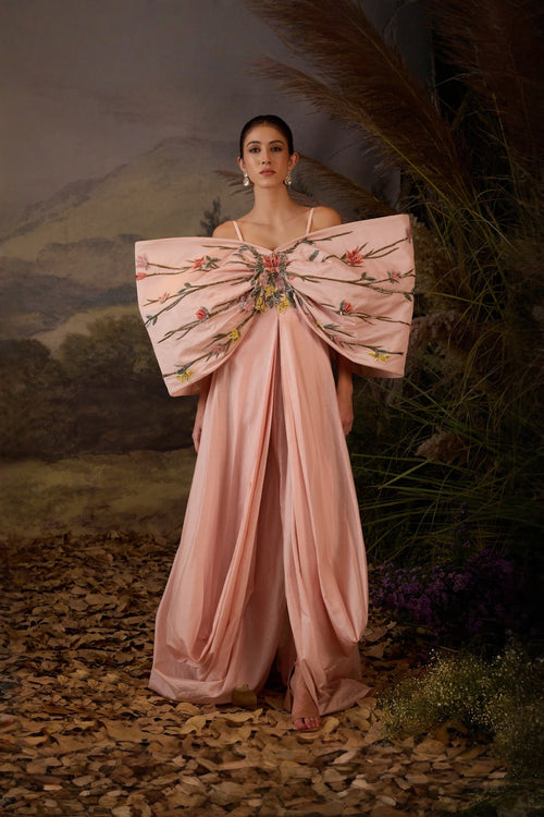 Blush Pink Petal Poetry Embroidered Big Bow Gown