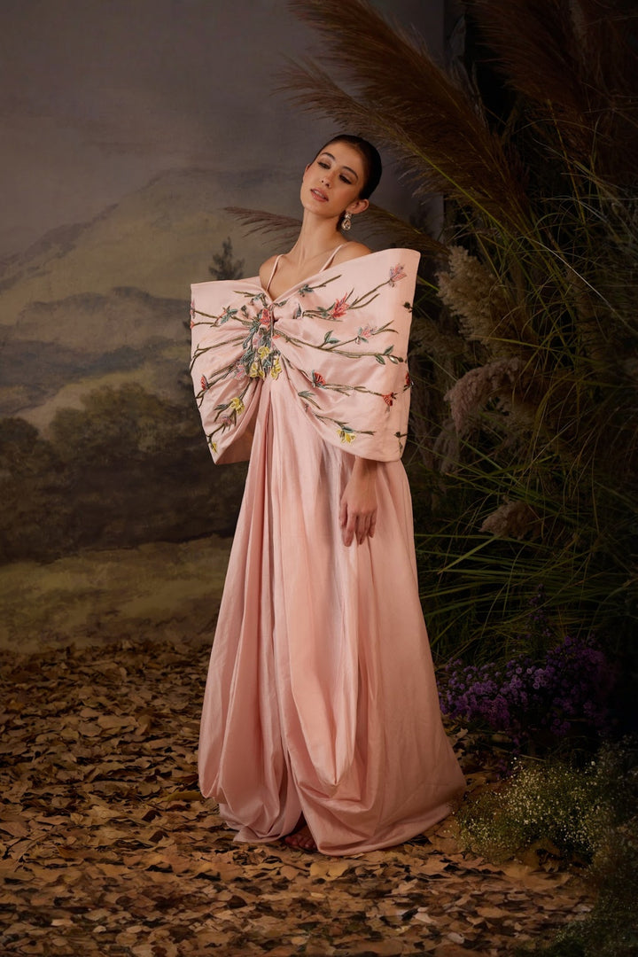 Blush Pink Petal Poetry Embroidered Big Bow Gown