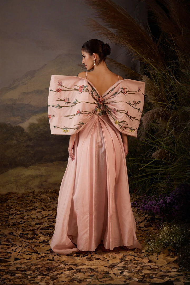 Blush Pink Petal Poetry Embroidered Big Bow Gown