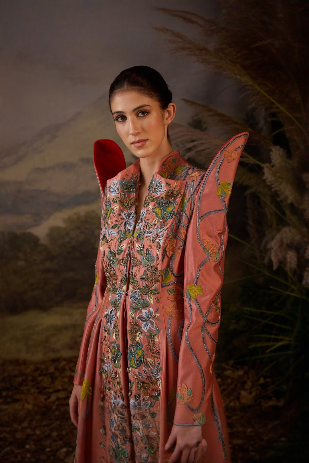 Peach Royale Embroidered Gown With Shoulder Highlight