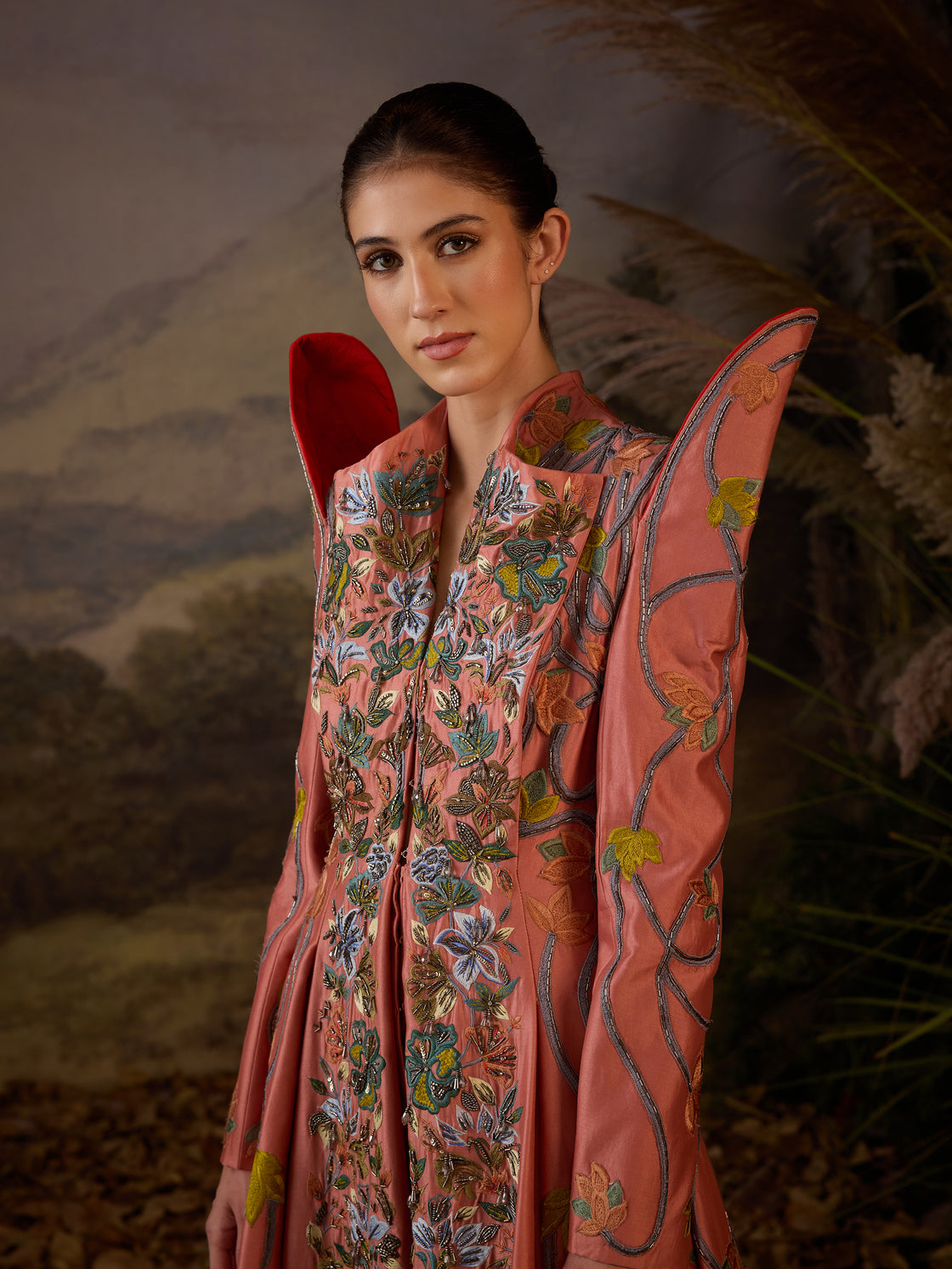 Embroidered Peach Long Jacket Gown