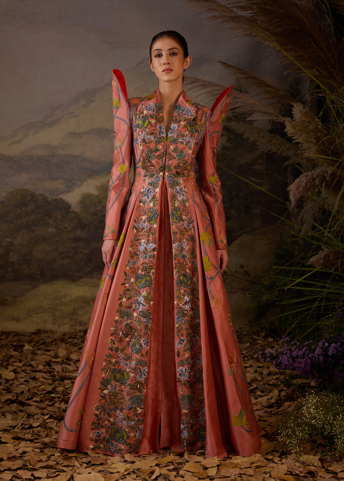 Embroidered Peach Long Jacket Gown