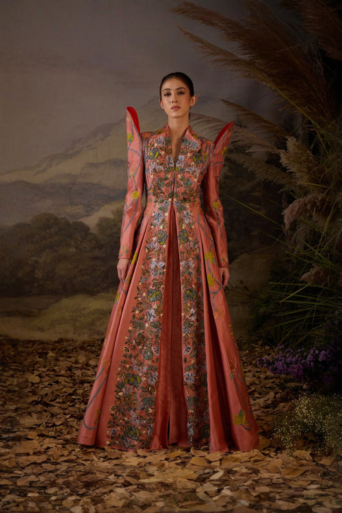 Peach Royale Embroidered Gown With Shoulder Highlight