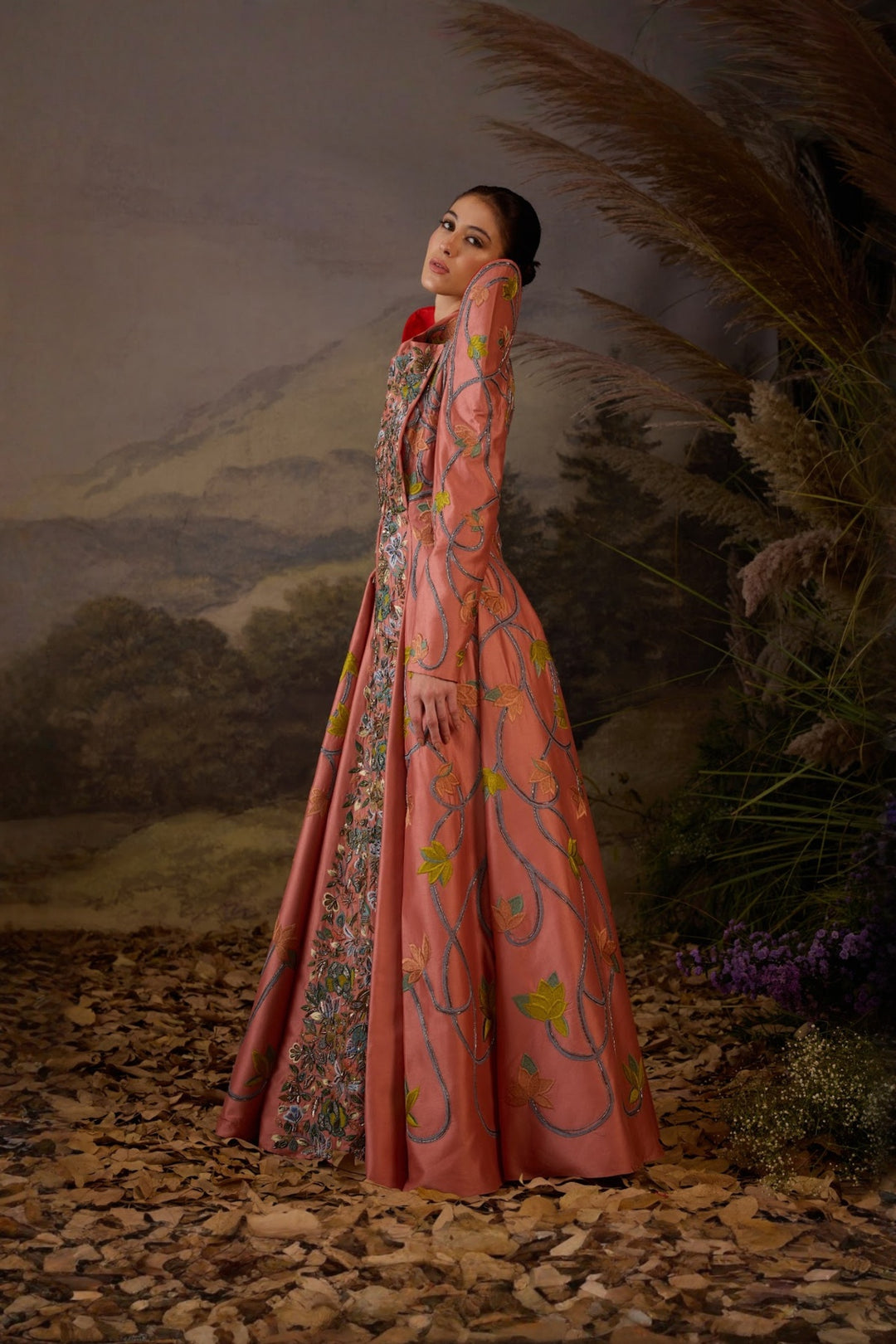 Peach Royale Embroidered Gown With Shoulder Highlight