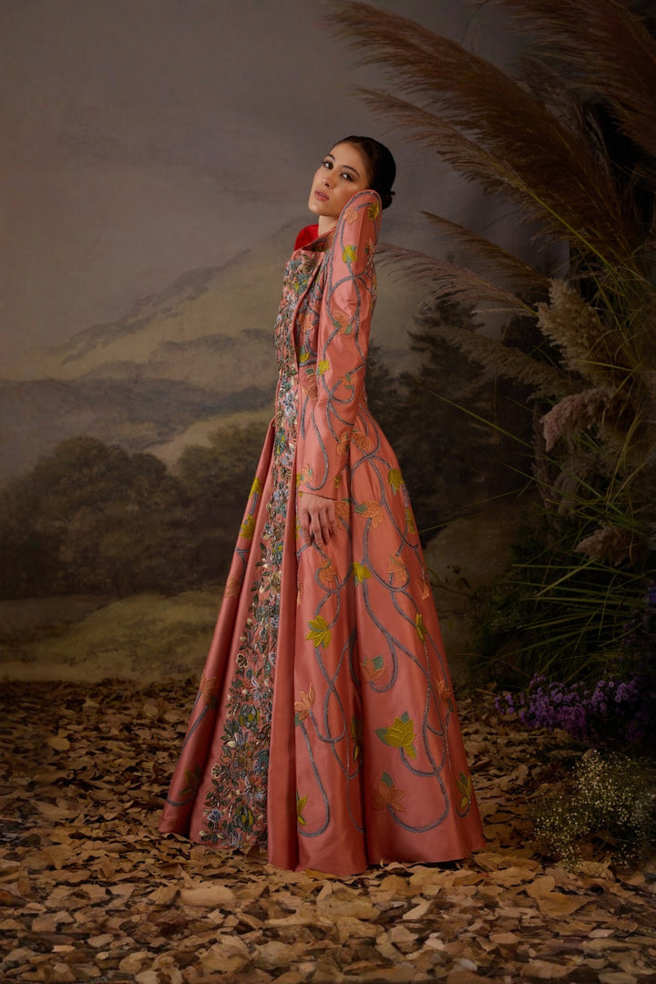 Peach Royale Embroidered Gown With Shoulder Highlight