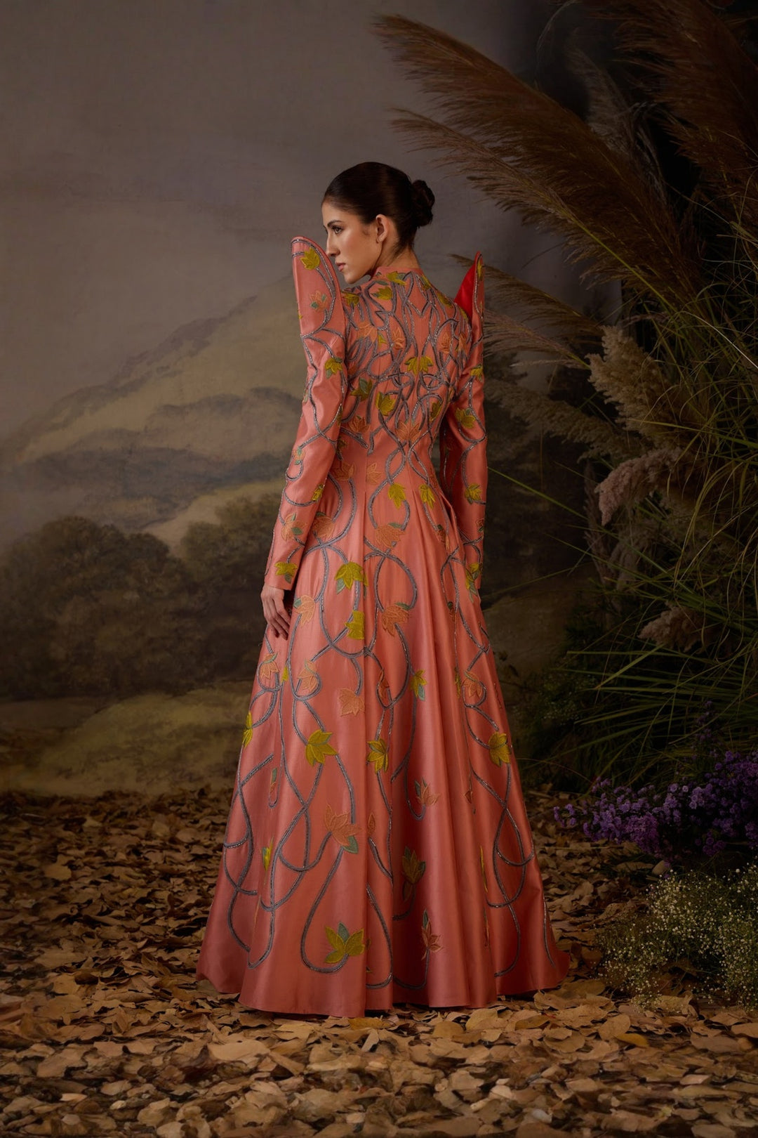 Peach Royale Embroidered Gown With Shoulder Highlight
