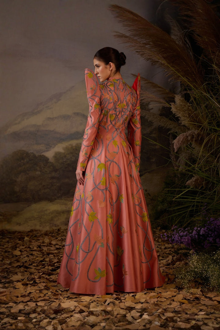 Peach Royale Embroidered Gown With Shoulder Highlight