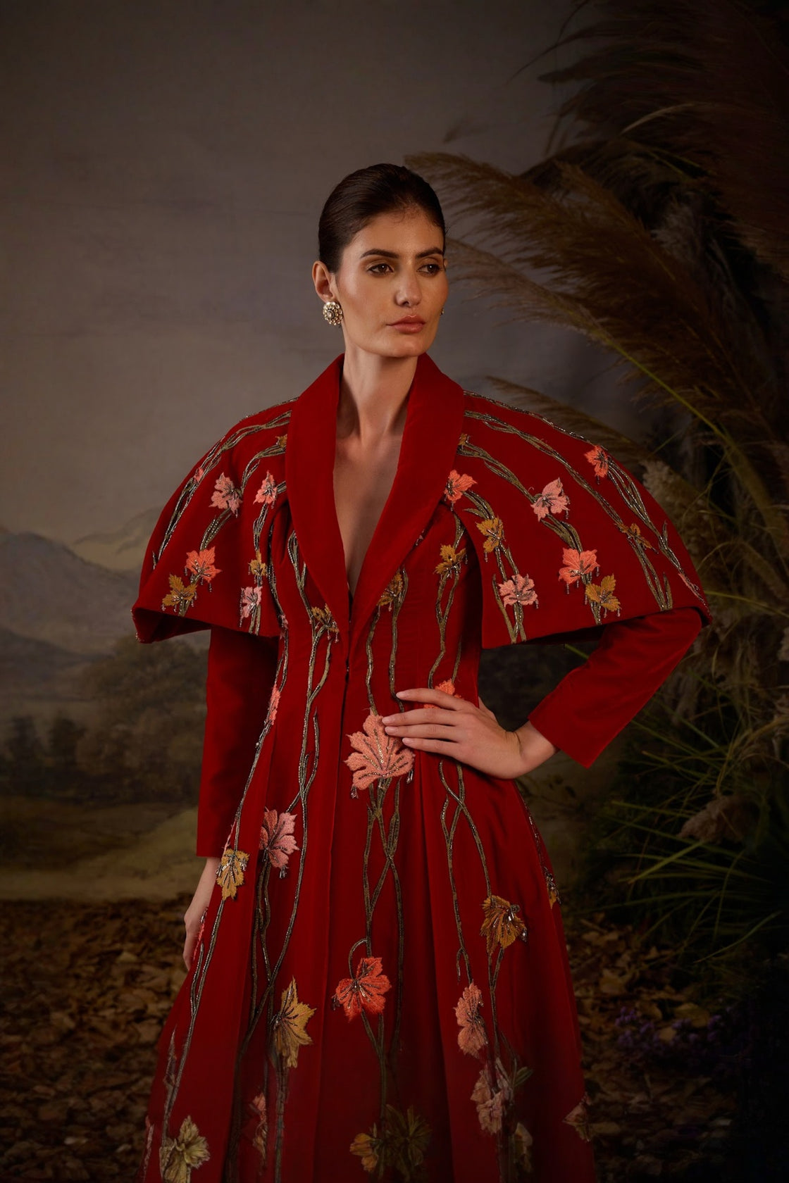 Crimson Red Royale Velvet Gown With Lapel Neck Line