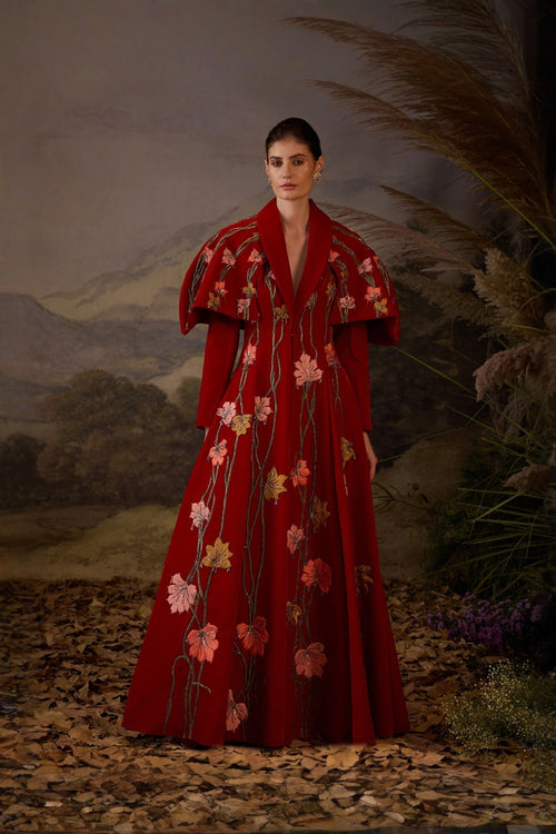 Crimson Red Royale Velvet Gown With Lapel Neck Line