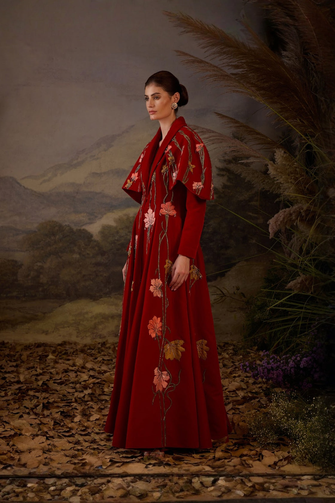 Crimson Red Royale Velvet Gown With Lapel Neck Line