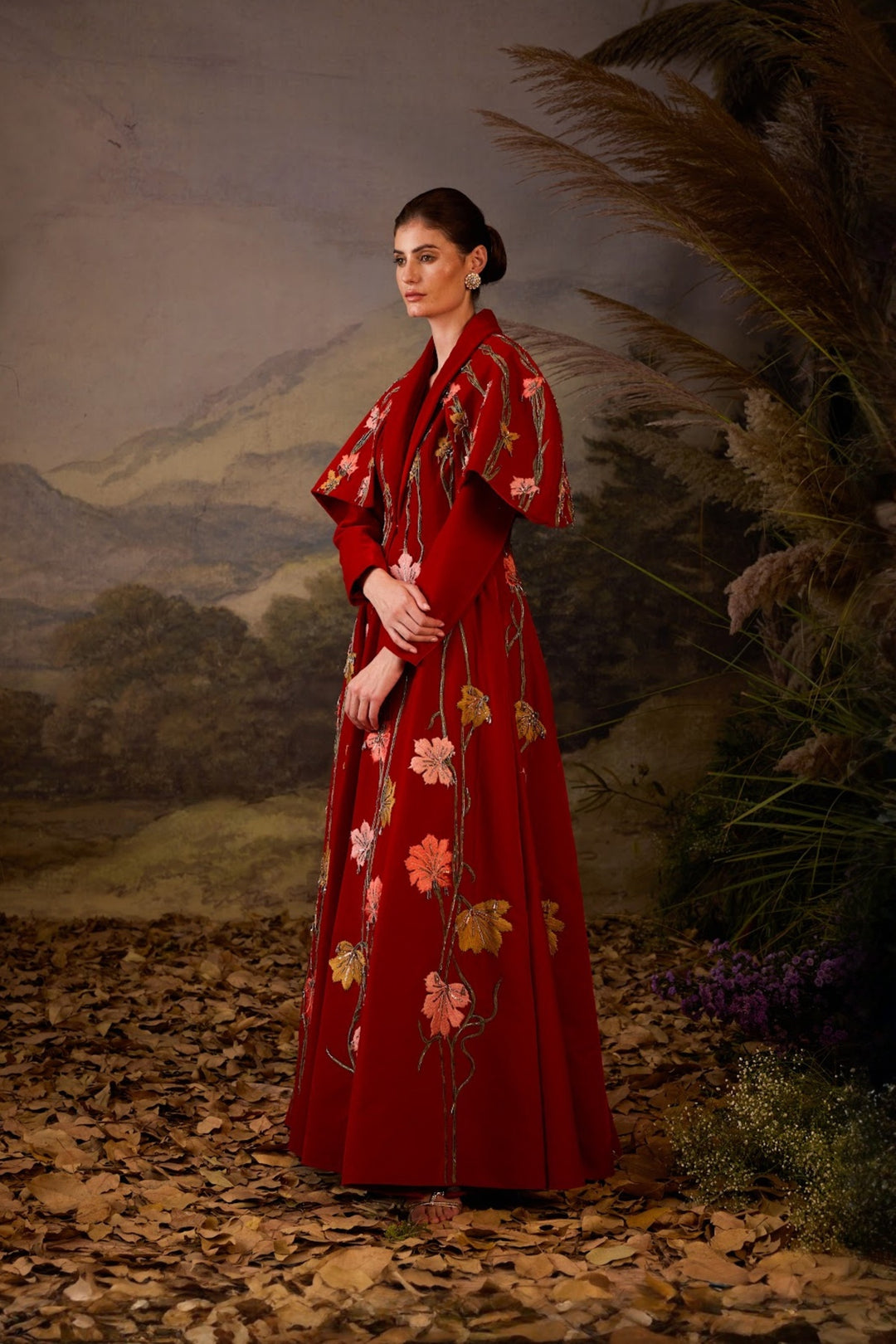 Crimson Red Royale Velvet Gown With Lapel Neck Line