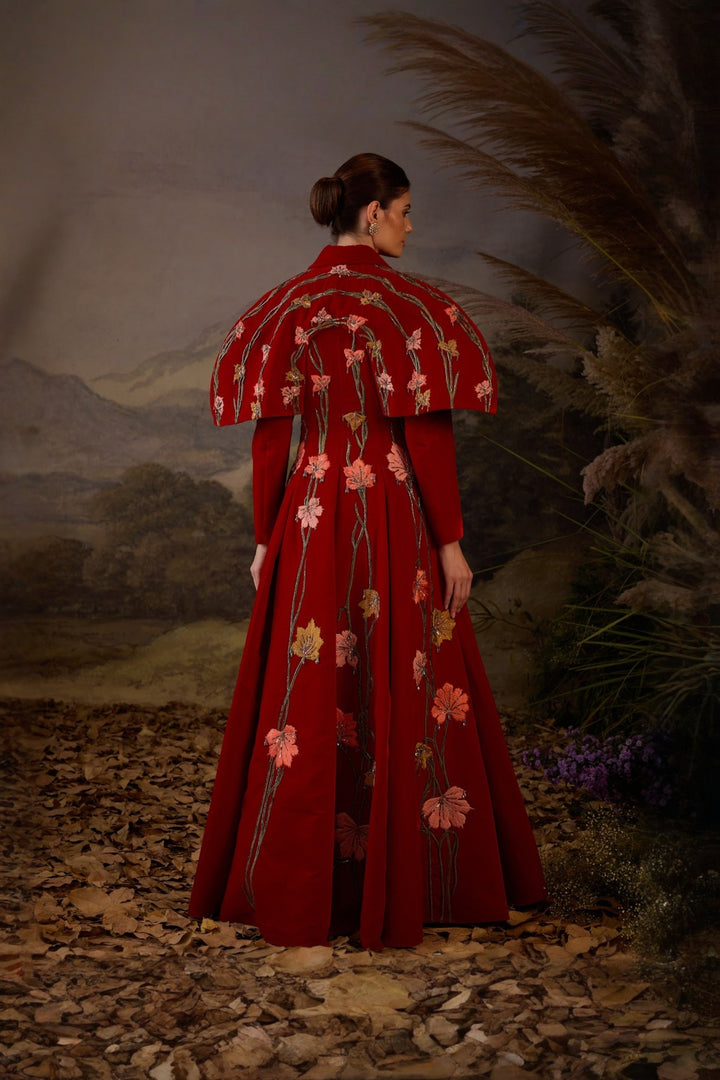 Crimson Red Royale Velvet Gown With Lapel Neck Line