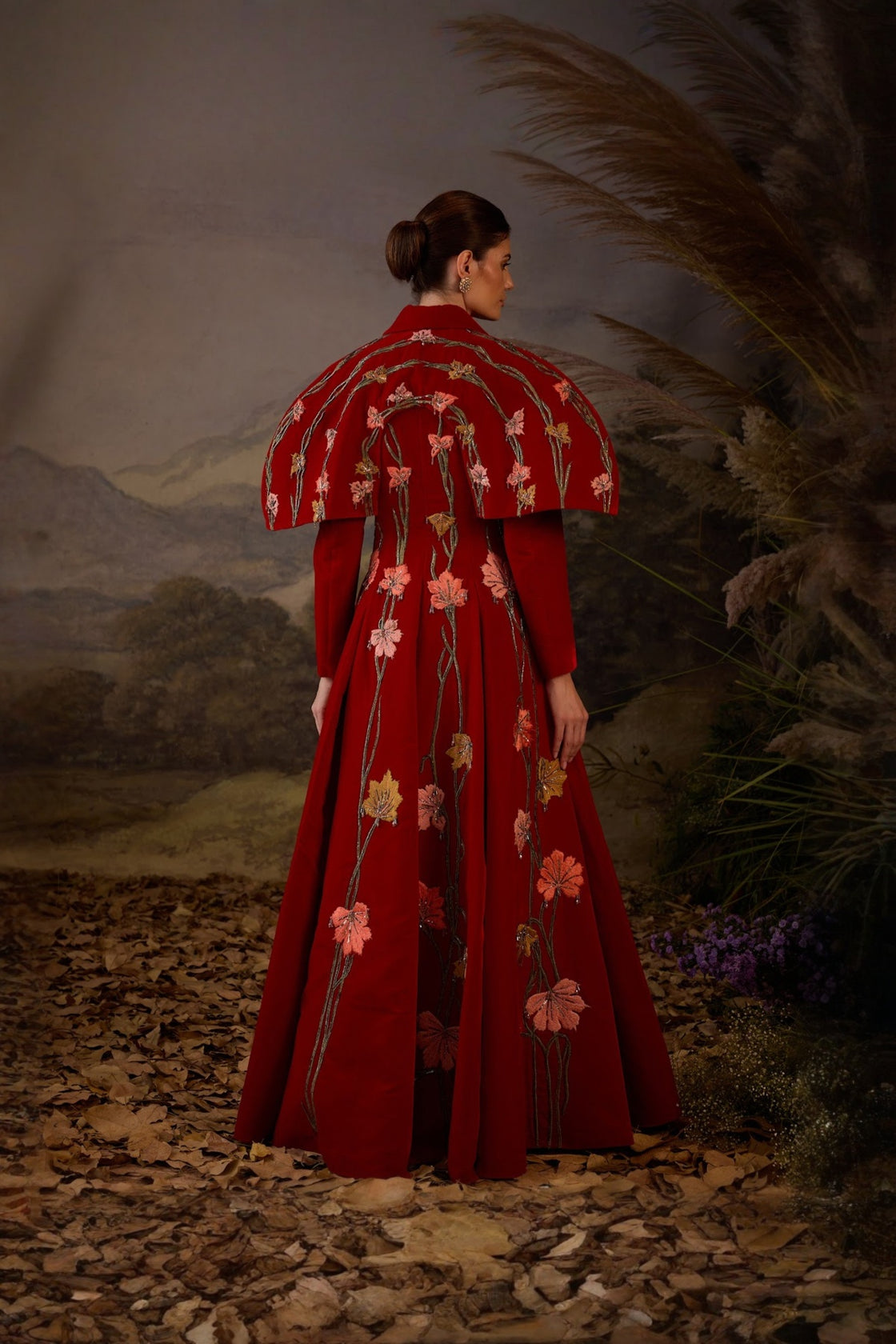 Crimson Red Royale Velvet Gown With Lapel Neck Line