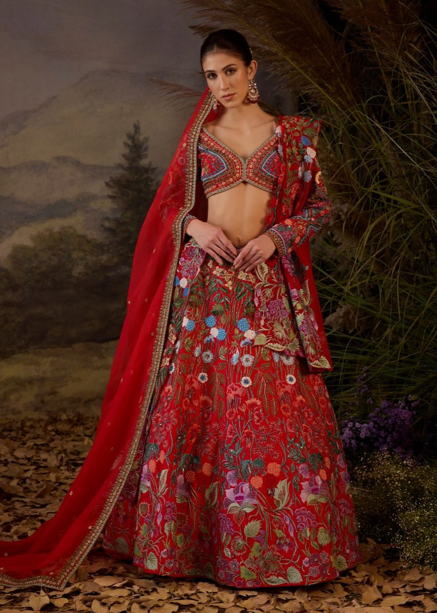 A red organza & cotton silk  lengha with v neck line