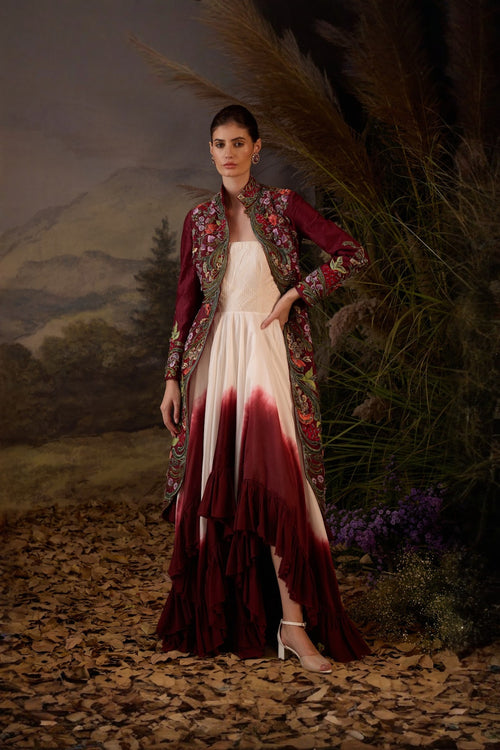 A Maroon Cotton Silk Jacket With Floor Length Ruffle Dress Off-Shoulder Neck Line