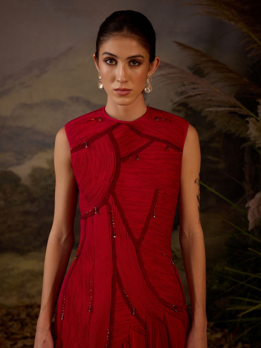 Red color gown with texture embroidered High-Low Gown