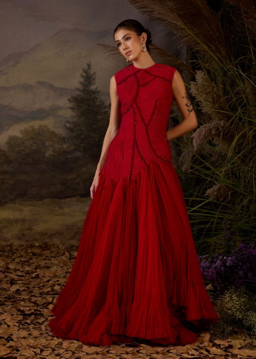 Red color gown with texture embroidered High-Low Gown