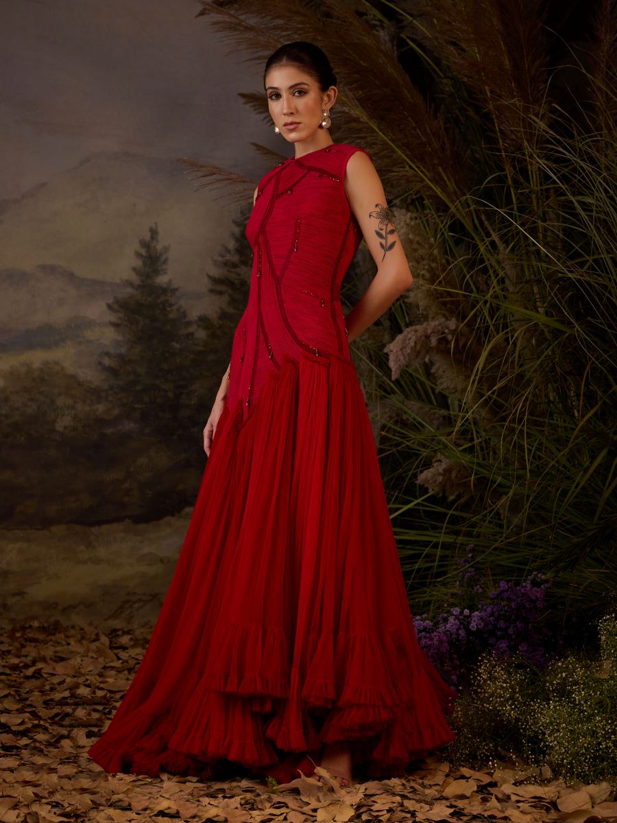 Red color gown with texture embroidered High-Low Gown