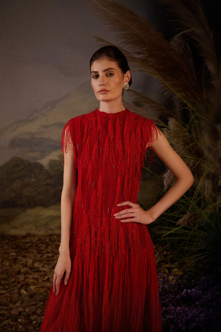 Red Pleated Cotton Silk 3D Texture Gown