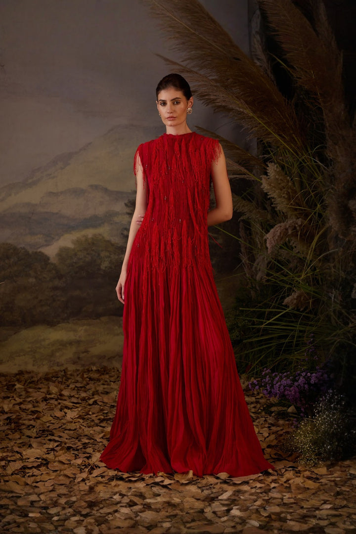 Red Pleated Cotton Silk 3D Texture Gown