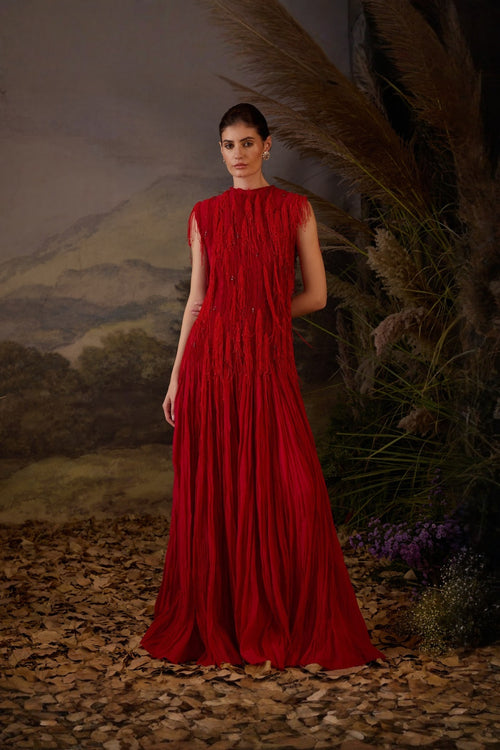 Red Pleated Cotton Silk 3D Texture Gown