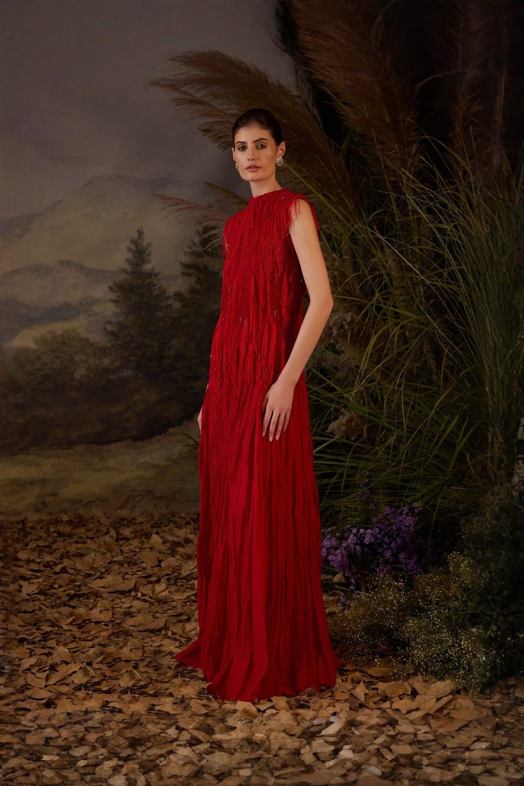 Red Pleated Cotton Silk 3D Texture Gown