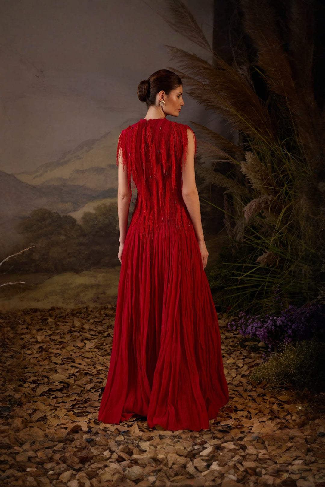 Red Pleated Cotton Silk 3D Texture Gown