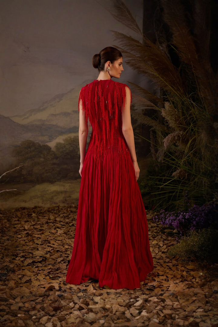 Red Pleated Cotton Silk 3D Texture Gown