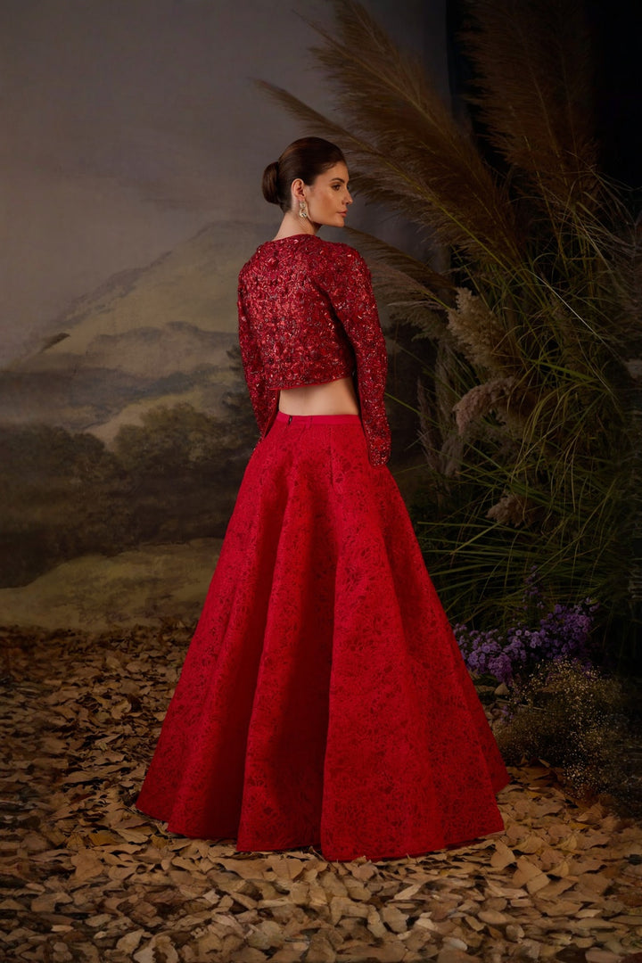 Scarlet threadwork Embroidered  crop Top &amp; Textured Skirt Set