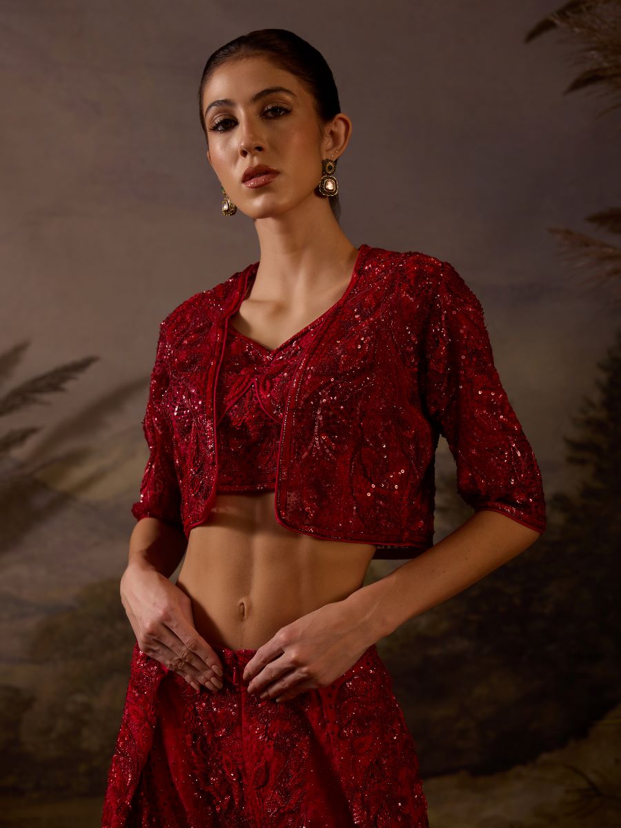 Red organza  silk tube top along bolero jacket with plazo pants