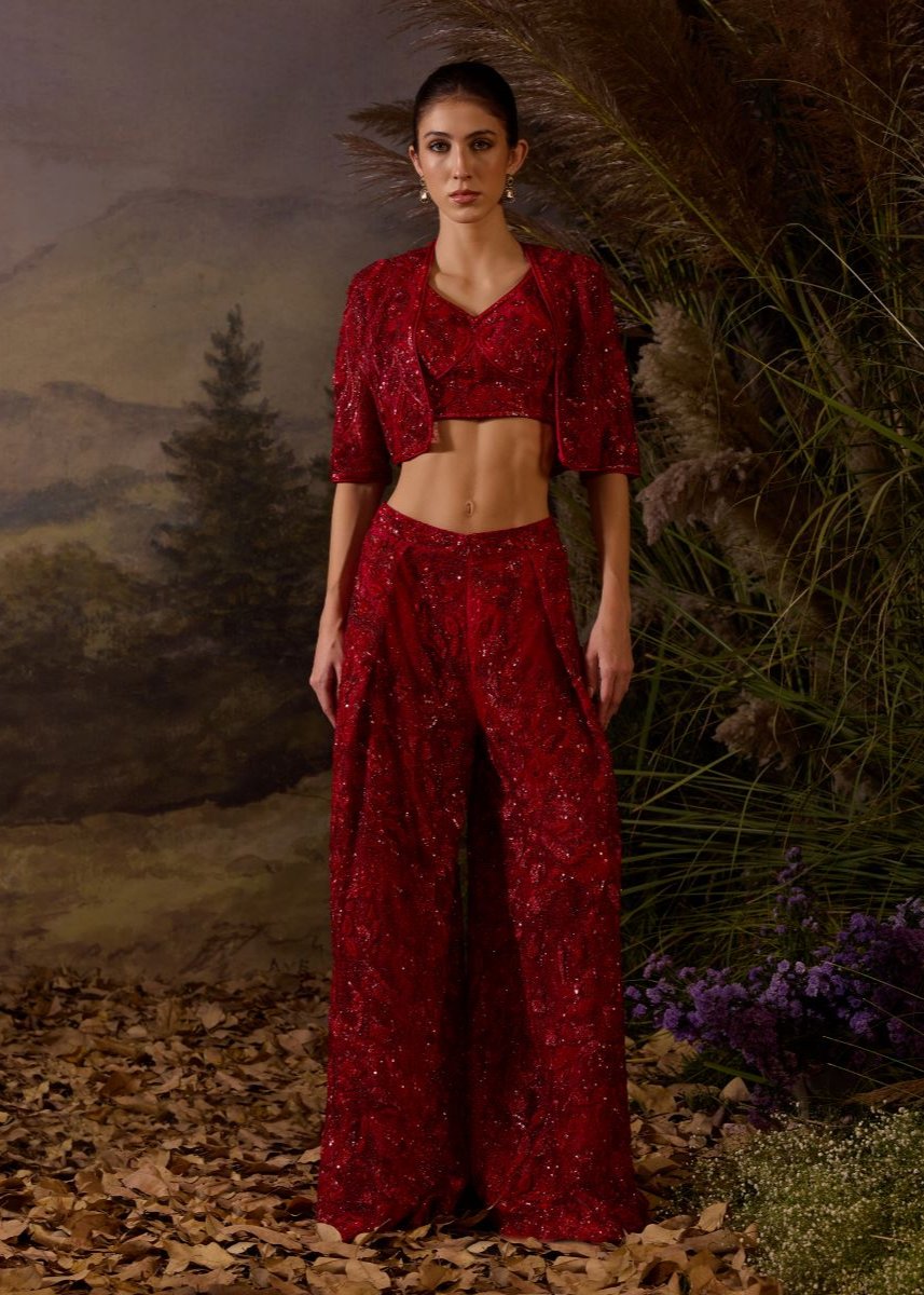 Red organza  silk tube top along bolero jacket with plazo pants