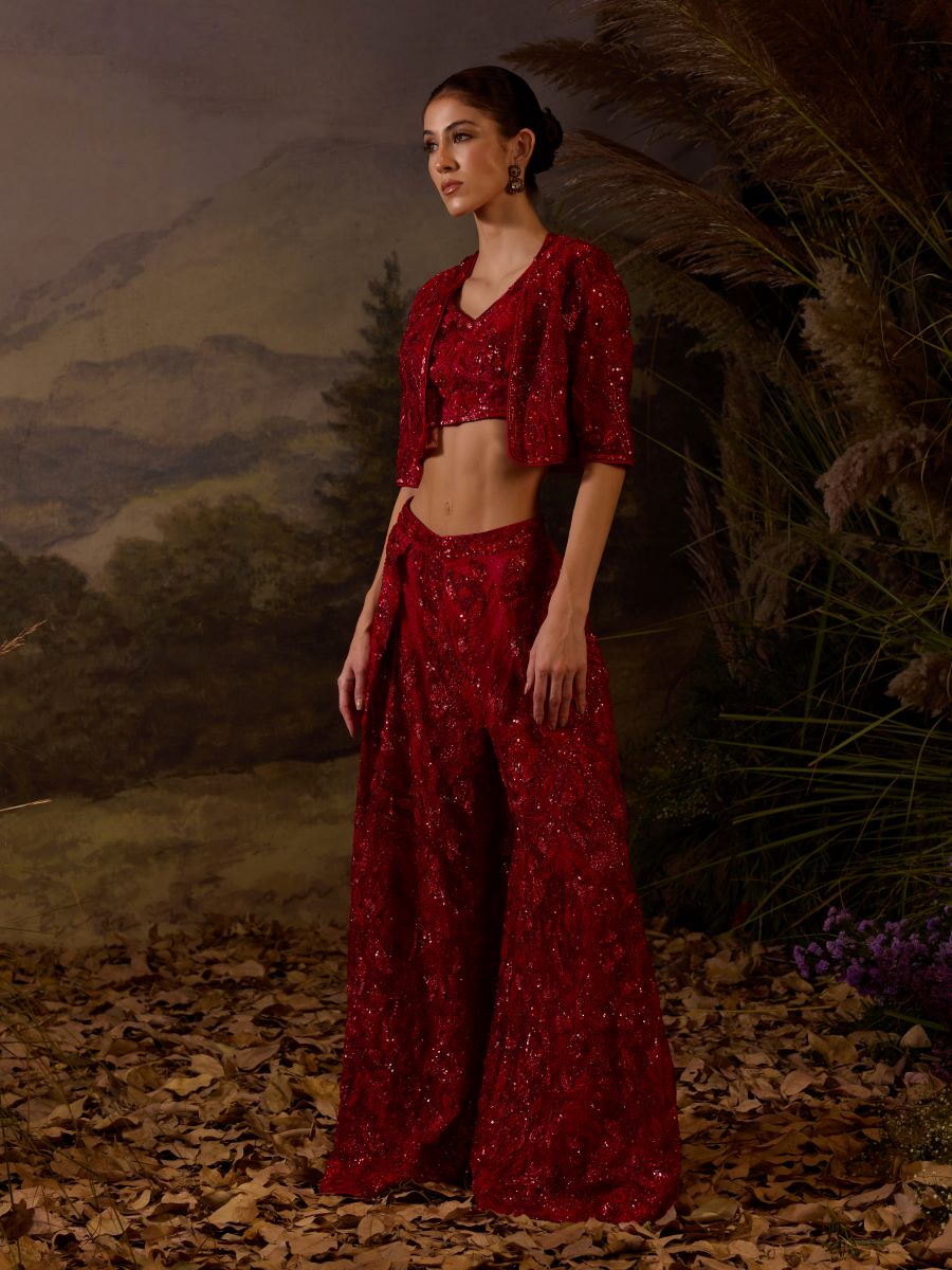 Red organza  silk tube top along bolero jacket with plazo pants