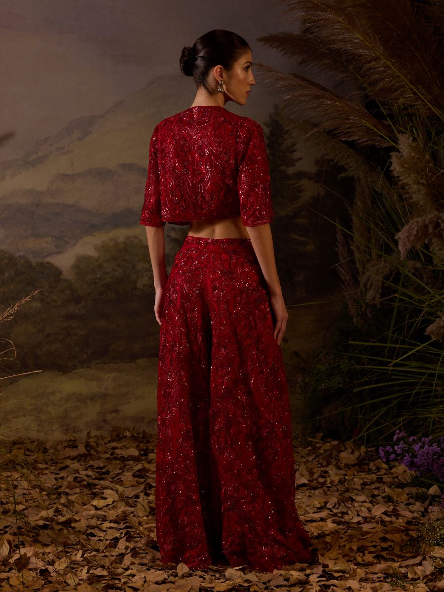 Red organza  silk tube top along bolero jacket with plazo pants