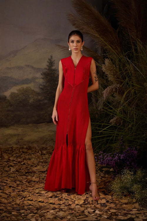 Scarlet Embroidered Textured Cotton Silk Gown