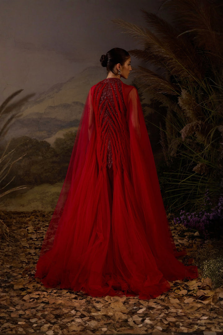 Red Heritage Embroidered sequence flowy Gown